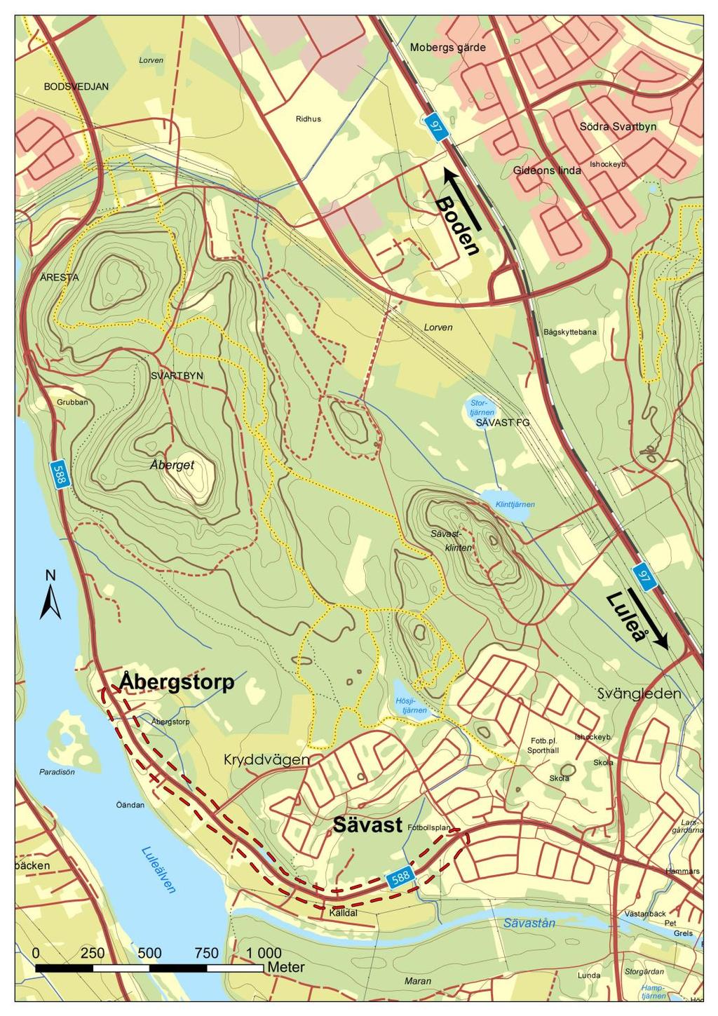 Figur 1. Översiktskarta GC-väg Åbergstorp-Sävast. Planerad ny gc-väg markerad med streckat område.