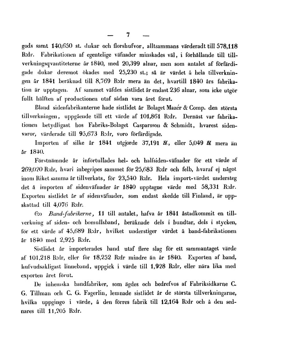 7 gods samt 140,650 st. dukar och florshufvor, alltsammans värderadt till 578,118 R:dr.