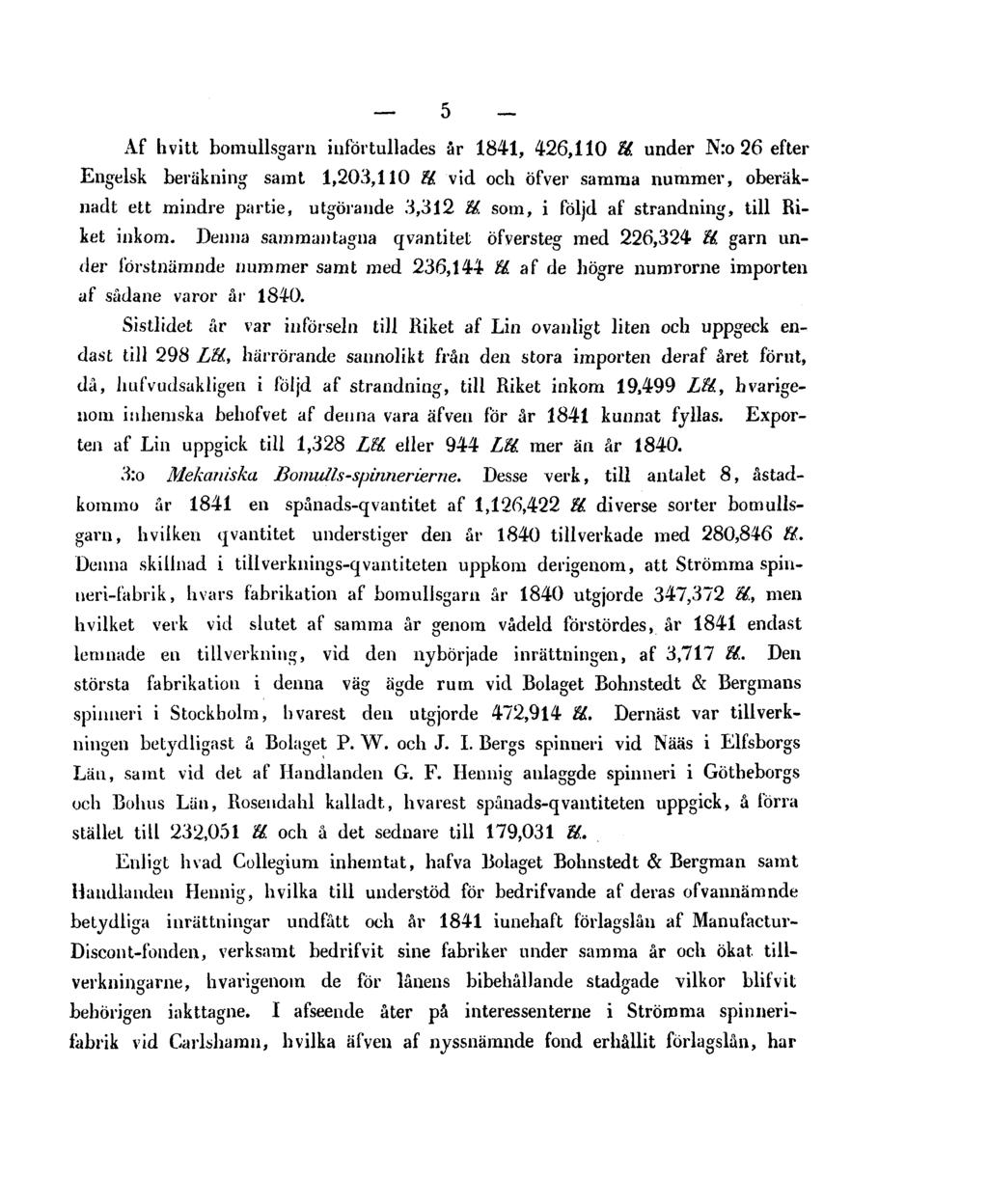 5 - Af hvitt bomullsgarn inför tullades år 1841, 426,110 ll. under N:o 26 efter Engelsk beräkning samt 1,203,110 ll. vid och öfver samma nummer, oberäknadt ett mindre partie, utgörande 3,312 ll.