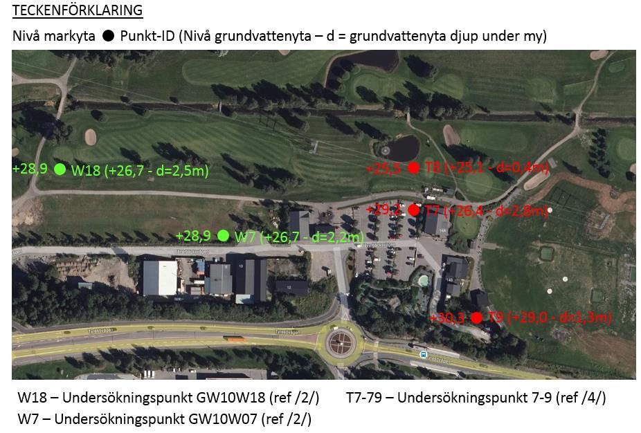 Figur 1: Ungefärlig placering av grundvattenrör med nivåer för markyta, nivåer för grundvattenyta samt grundvattenytans djup under markytan redovisad. Se även ritning G-10-1-001.