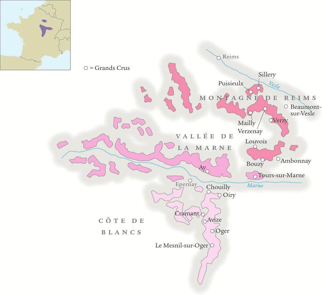Uppsalasektionen Grand Cru-byarna Côte de Blancs: Avize, Chouilly, Cramant, Le Mesnil-sur-Oger, Oger, Oiry Vallée de la Marne: Aÿ,
