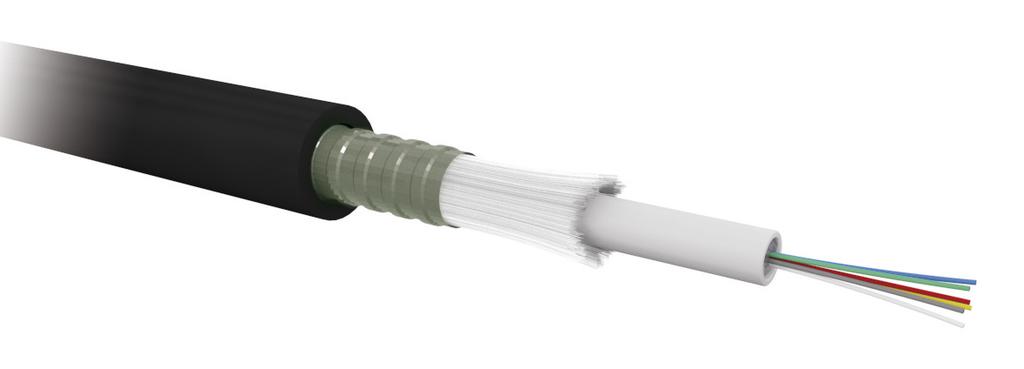 Fiberkabel singelmode OS2 9/125 μm stålarmerad CLT, utomhus Mycket robust stålarmerad singelmode OS2 central loose tube kabel. HDPE-mantel och glasgarn ger skydd mot gnagare. UV-stabil.
