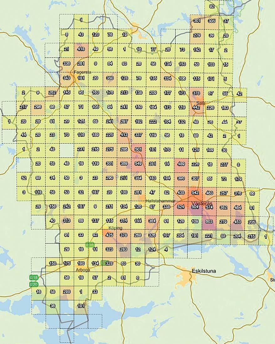 Antal rapporterade arter av kärlväxter per 5x5 km ruta i Västmanlands län