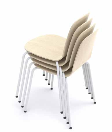 ADD stol Stapelbar stol med formpressat skal belagd med vitpigmenterat ek eller björklaminat. Stålstativ med ledbara golvskydd. Levereras med golvskydd med nylonslityta som standard.