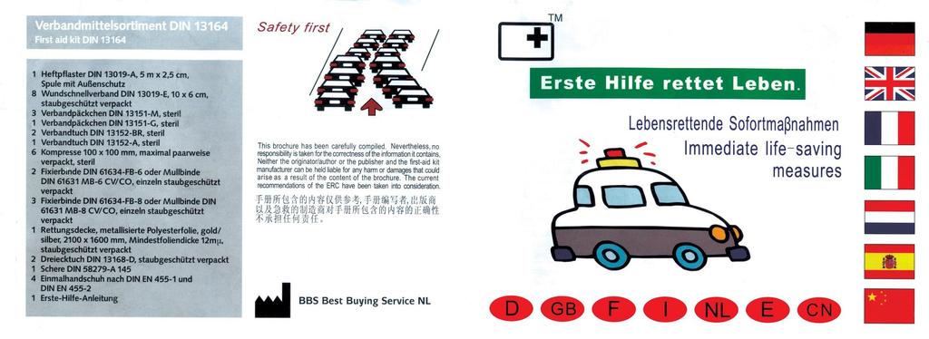 Första hjälpen kit Säkerheten först Instruktion för omedelbara livräddande åtgärder vid olyckshändelser 1 icke-vävt självhäftande plåster 2,5cmx5m 4 icke-vävt självhäftande