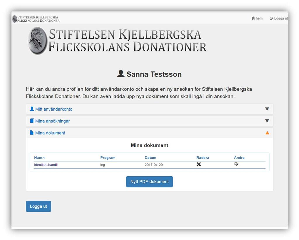 1.17 Visa bifogade dokument Dina bifogade dokument ligger på rad under Mina dokument. Klicka på dokumentnamnet till vänster för att visa ditt bifogade dokument.