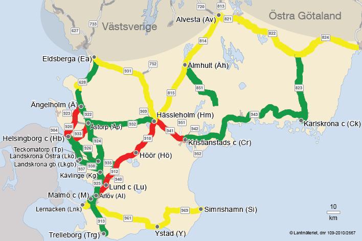 BILD 6 Skåne/Blekinge: Översikt kapacitetsbegränsningar 211 Dygnsgenomsnitt Stora kapacitetsbegränsningar 1 Medelstora kapacitetsbegränsningar 1 Små eller inga kapacitetsbegränsningar 1 1