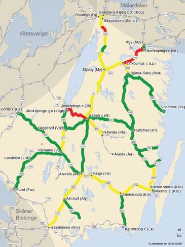 BILD 12 Östra Götaland: Översikt kapacitetsbegränsningar 211 Dygnsgenomsnitt Stora kapacitetsbegränsningar 1 Medelstora kapacitetsbegränsningar 1 Små eller inga kapacitetsbegränsningar 21 1