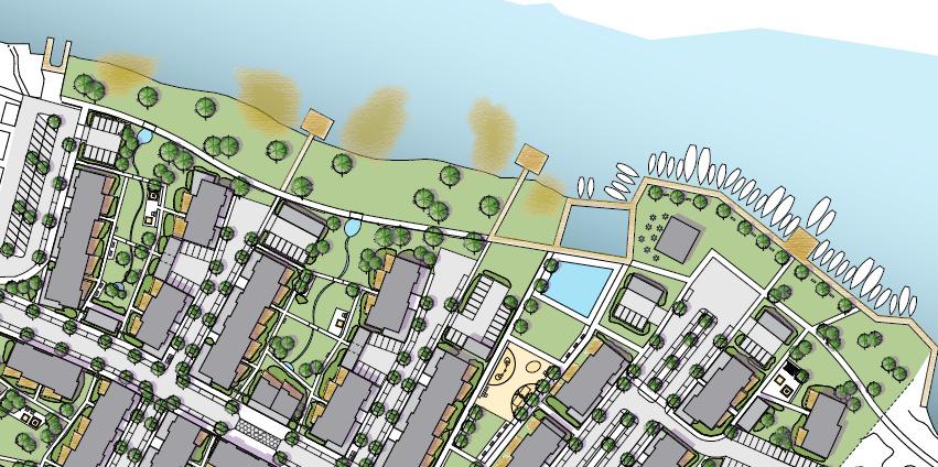 6(11) Strandzonen Vass delvis kvar Promenadstråk Illustration av strandzonen Dagvattendamm Lekplats Brygga längs vattnet med båtplatser Strandzonen utgörs av en förlängning av den strandpark som