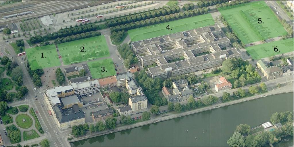 Figur 11. Utsiktsbild från Eniro 28. Figuren visar de kvarter i Västra saltängen som ska bebyggas eller förändras. 1. Hotell på sju våningar. 2. Kontor och bostäder på sex respektive tre våningar. 3.