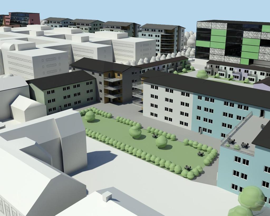 Kvarteret Spinnhuset De fyra nya byggnaderna i kvarteret Spinnhuset kommer att innehålla bostäder. Dessa byggnader är tre till fyra våningar höga.