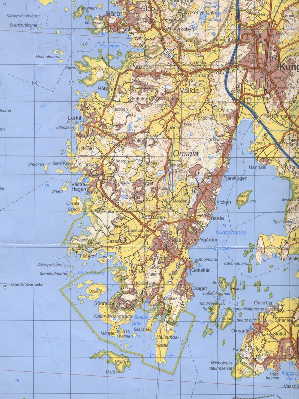 Fig. 2. Utsnitt ur Blå kartan, blad 61 Göteborg, med platsen för undersökningen markerad. Skala 1:100 000.