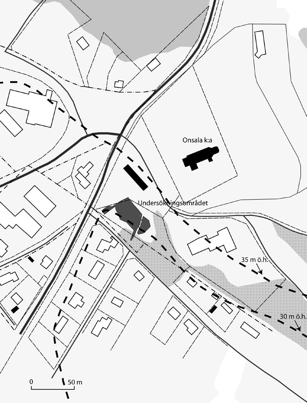 Fig. 3. Utsnitt ur Fastighetskartan, blad 6B 4e, med undersökningsområdet markerat.