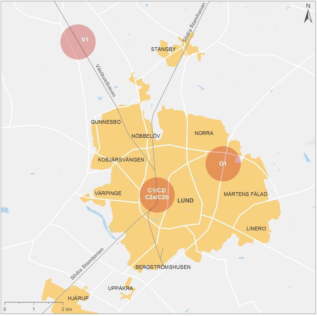Figur 8. Studerade stationslägen för Lund i åtgärdsvalsstudien källa: Trafikverket (2018c). Samtliga stationslägen är tekniskt genomförbara.