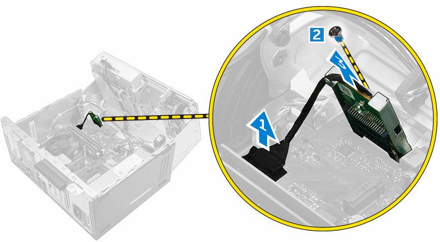 6. Stäng luckan på framramen. 7. Installera: a. ramen b. kåpan 8. Följ anvisningarna i När du har arbetat inuti datorn. Ta bort SSD-kortet (tillval) 1. Följ proceduren i Innan du arbetar inuti datorn.