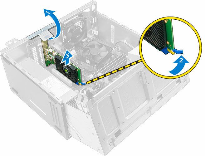 Ta bort PCIe-expansionskortet 1. Följ proceduren i Innan du arbetar inuti datorn. 2. Ta bort: 3. Öppna luckan i frontramen. 4. Så tar du bort PCIe-expansionskortet: a.