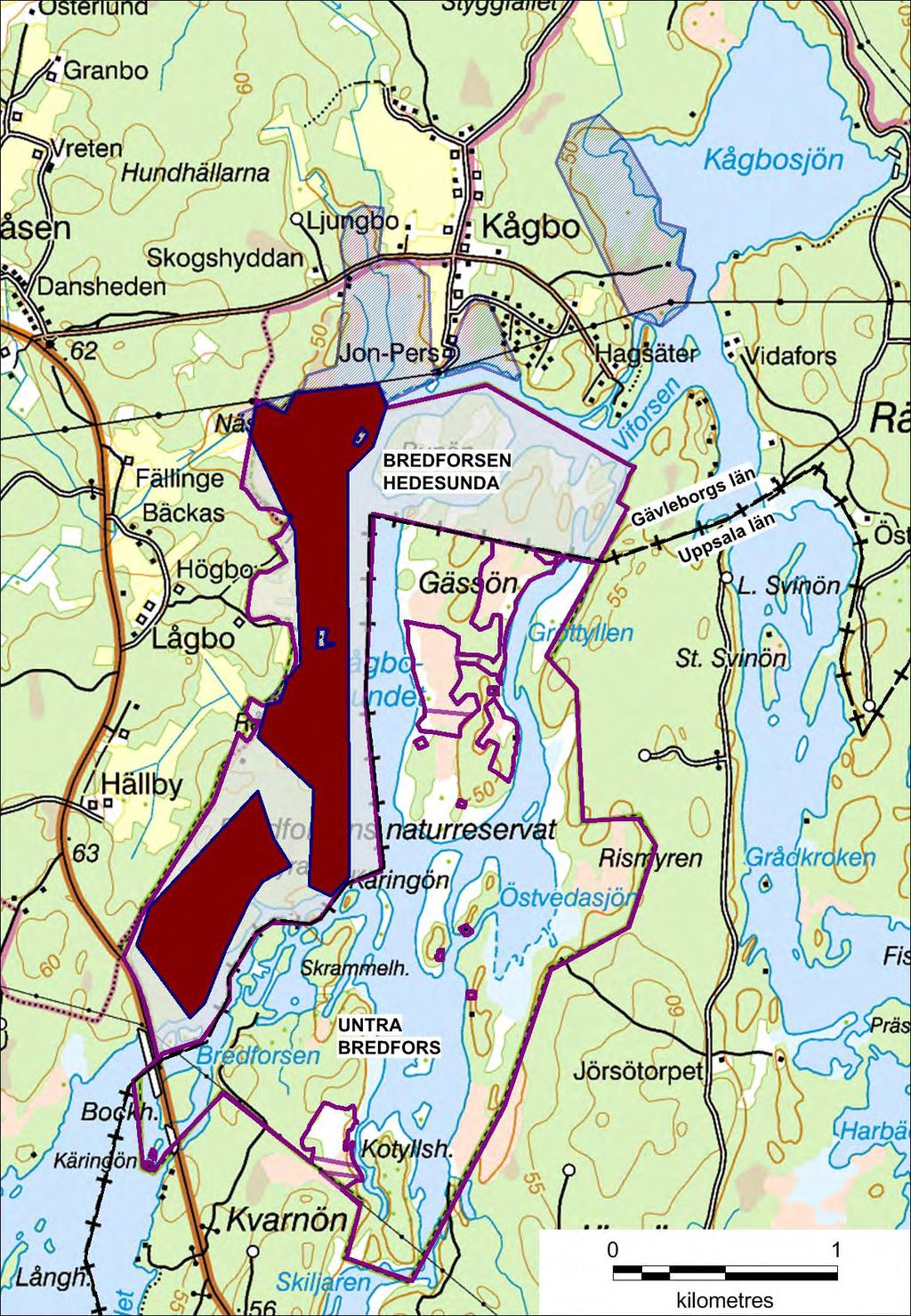 Karta 7: Planerade ramområden för stickmyggbekämpning 2018 i Natura 2000-område Hedesunda (SE0630186) och