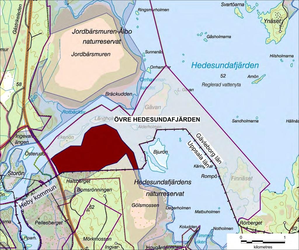 Karta 8: Planerade ramområden för stickmyggbekämpning 2018 i Natura 2000-området Övre Hedesundsafjärden