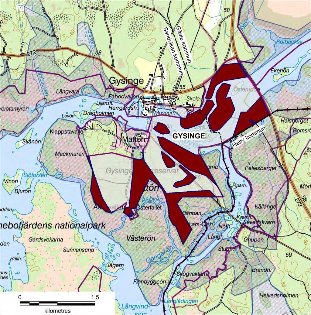 Karta 10: Planerade ramområden för stickmyggbekämpning 2018 i Natura 2000-området Gysinge