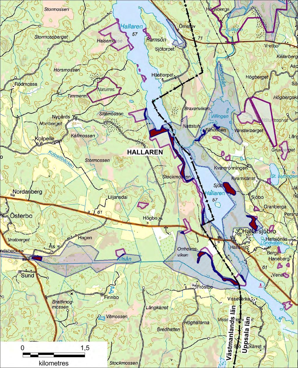 Karta 14: Planerade ramområden för stickmyggbekämpning 2018 i Natura 2000-området Hallaren (SE0250171),
