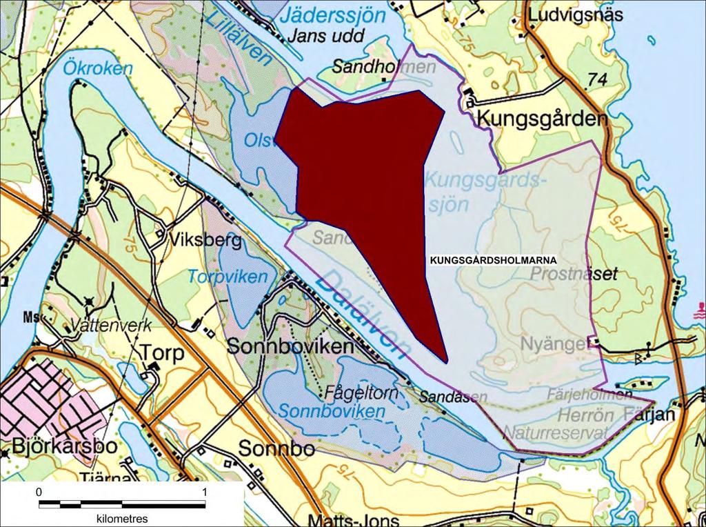 Karta 15: Planerade ramområden för stickmyggbekämpning 2018 i Natura 2000-området Kungsgårdsholmarna