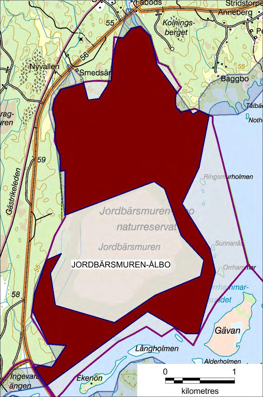 Karta 16: Planerade ramområden för stickmyggbekämpning 2018 i Natura 2000-området Jordbärsmuren-Ålbo