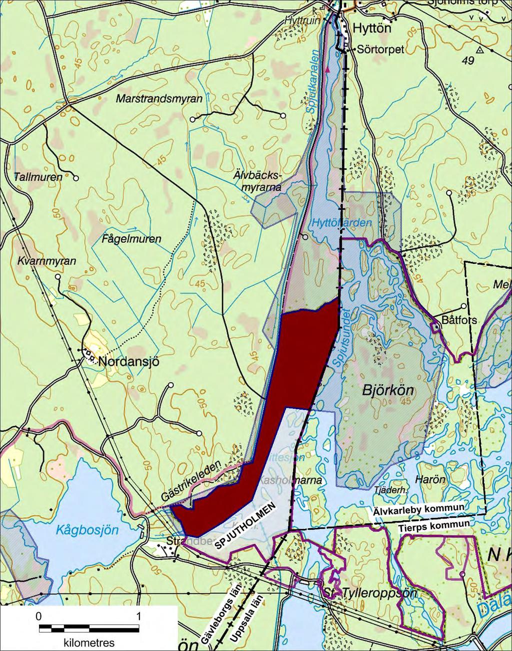 Karta 17: Planerade ramområden för stickmyggbekämpning 2018 i Natura 2000-området Spjutholmen