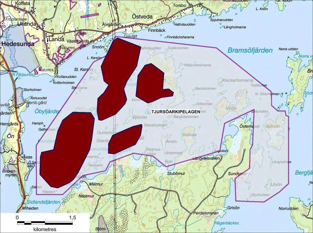 Karta 18: Planerade ramområden för stickmyggbekämpning 2018 i Natura 2000-området Tjursöarkipelagen
