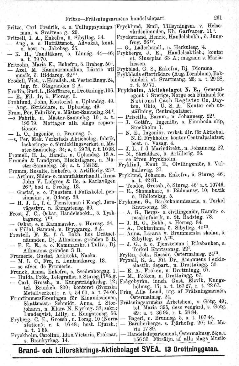 FritzeFrälsningsarmens handelsdepart. 261 Fritze, Carl Fredrik, e. o. Tulluppsynings Frycklund,Emil, Tillsyningsm. v. Helsoman. s. Svartens g. 20. vårdsnämnden, Kh. Garfvareg. 11 l. Fritzell, l. A.