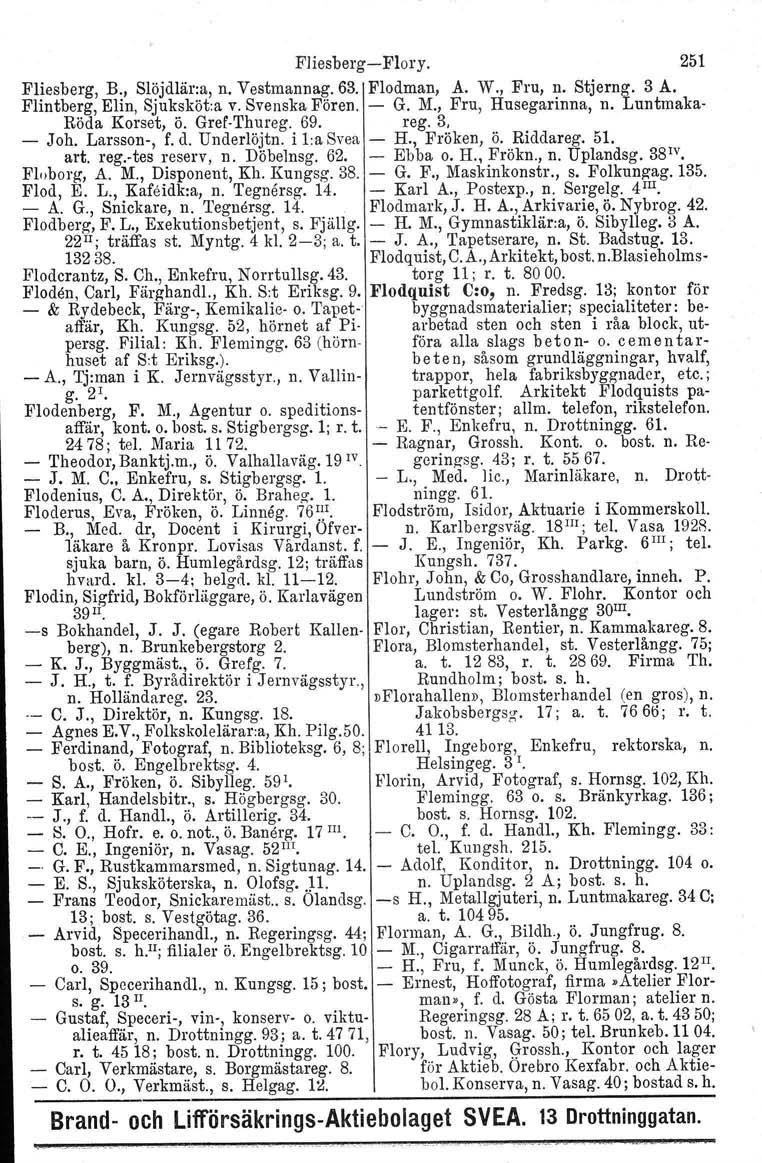 FJiesbergFlory. 251 Fliesberg, B., Slöjdlär:a, n. Vestmannag. 63. Flodman, A. W., Fru, n. Stjerng. 3 A. Flintberg, Elin, Sjuksköt.a v. Svenska Fören. G. M., Fru, Husegarinna, n.