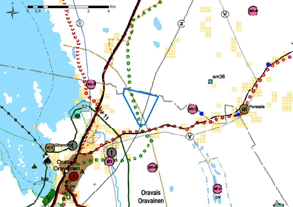 FCG DESIGN OCH PLANERING AB PLANBESKRIVNING 14 (86) Figur 8. Riktgivande placering av planområdet (blå linje) på Österbottens landskapsplan (Österbottens förbund 20