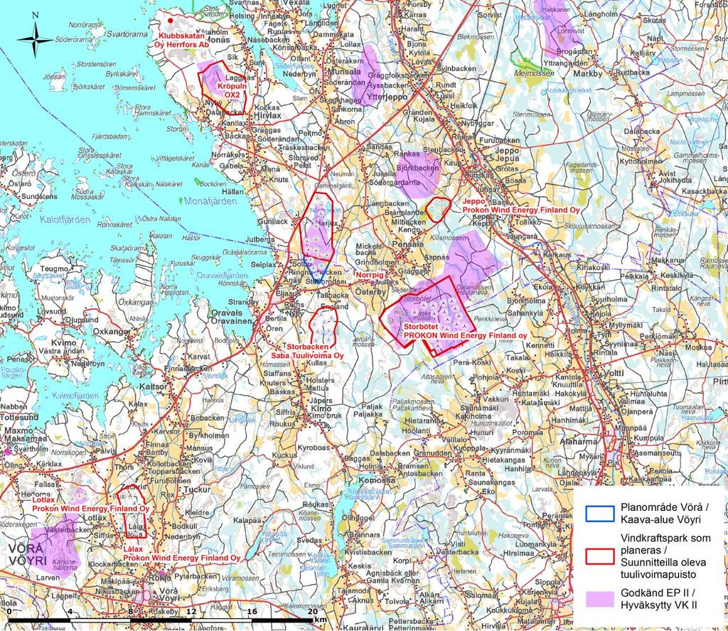 FCG DESIGN OCH PLANERING AB PLANBESKRIVNING 29 (86) Klubbskatan Oy Herrfors Ab 3 9 15 km Lålax Lotlax Prokon Wind Energy Finland Oy Prokon Wind Energy Finland Oy 4 12 17 km 3 9 19 km Figur 12.