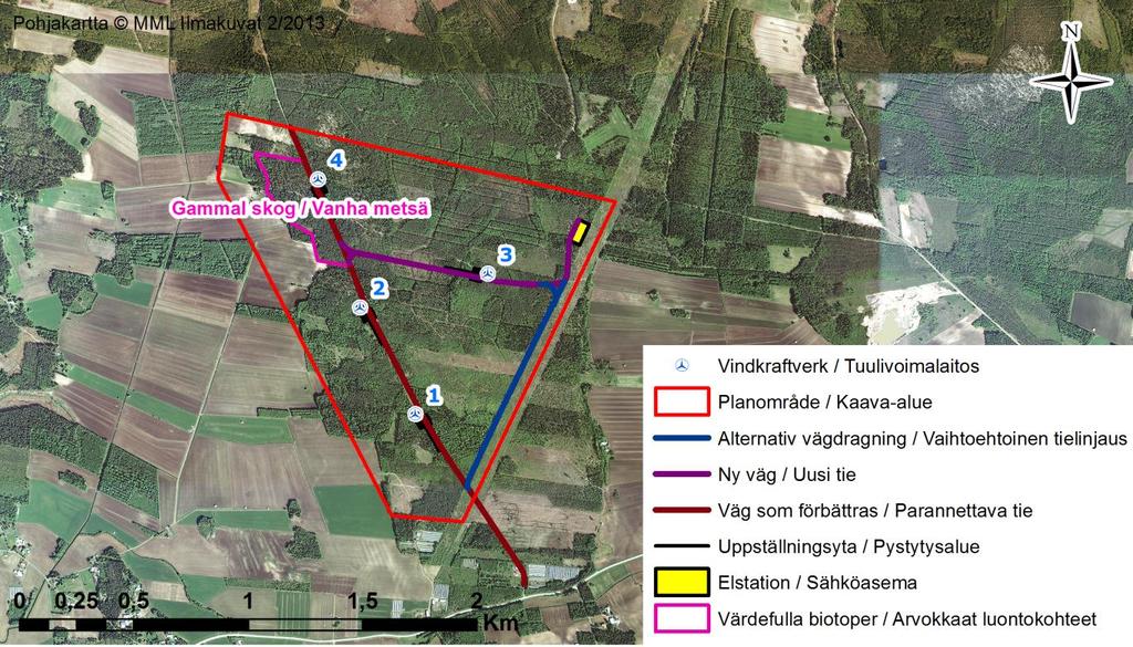 FCG DESIGN OCH PLANERING AB PLANBESKRIVNING 53 (86) 11.8.2 Fauna Figur 22. Värdefulla naturobjekt i förhållande till Sandbacka planområde i Vörå kommun med 4 vindkraftverk.