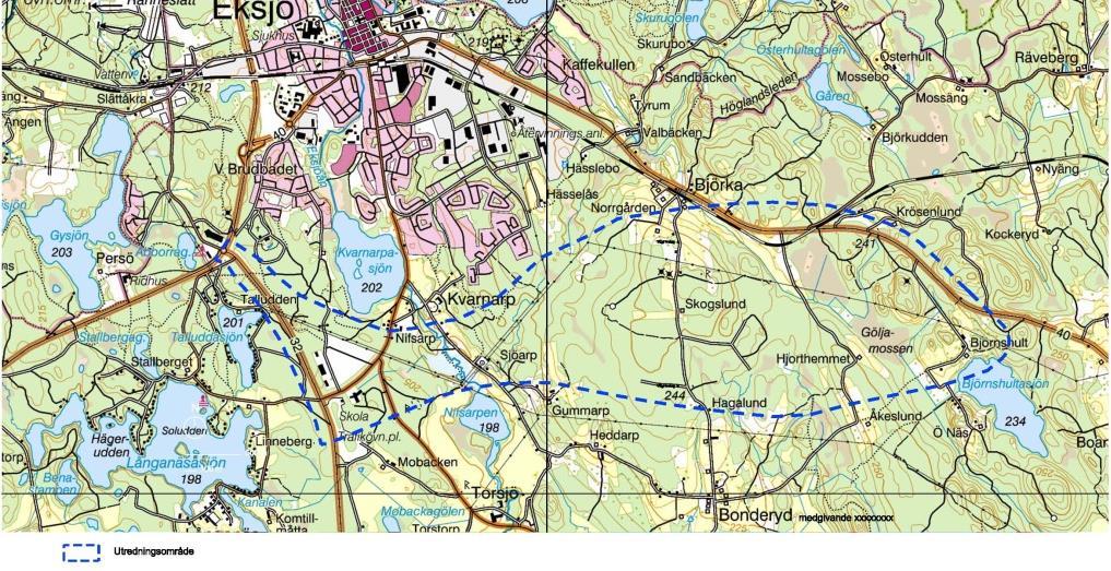 3 Översiktlig beskrivning Utredningsområdet Studerat område ligger cirka 3 km söder om Eksjö i Jönköpings län mellan Abborrarondellen i väster och vägen mot Mariannelund i öster.