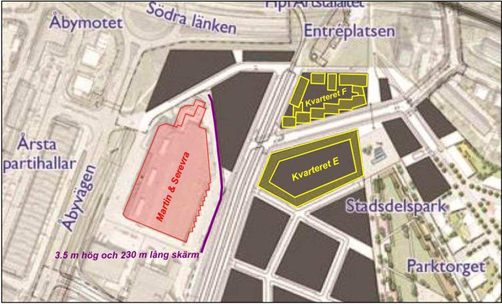 6.2.1 En bullerskyddskärm utmed Martin & Serveras verksamhetsgräns För ett optimalt skydd mot industribullerskällorna som redovisades ovan ska en 3,5 meter hög och 230 meter lång bullerskyddskärm