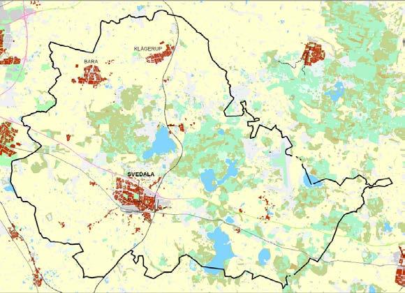 Kommunen gränsar till Skurup, Trelleborg, Vellinge, Malmö, Staffanstorp och Lund. I kommunen finns tre tätorter: Svedala, Bara och Klågerup. Figur 1. Översiktskarta över sydvästra Skåne Figur 2.