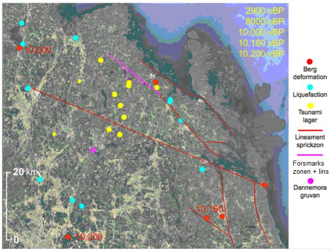 I Forsmarks närområde har 10 fall av senglaciala händelser i tidsområdet 8 000 till 10 000 år dokumenterats.