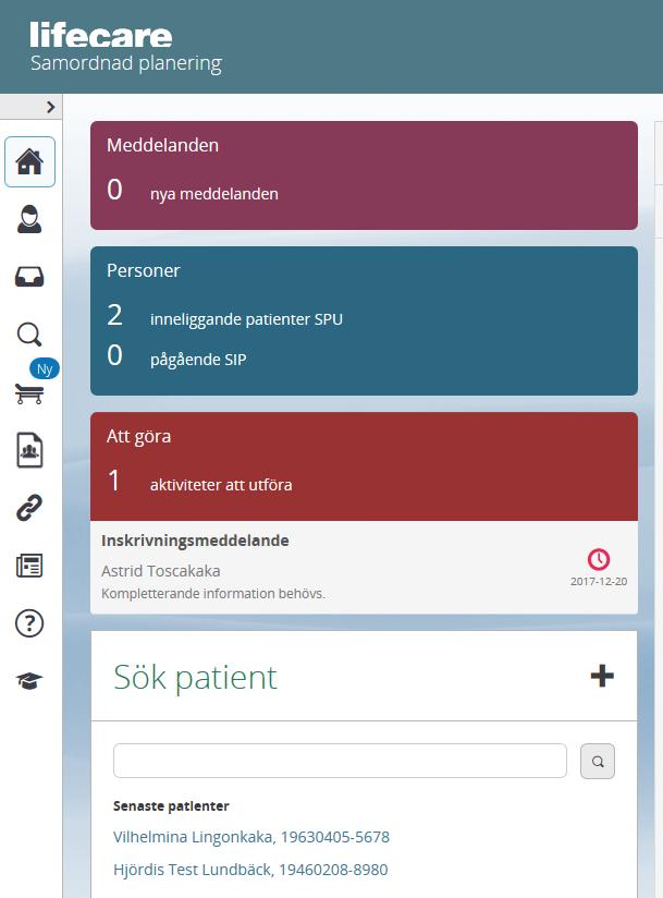 Sök patient Det finns två sätt att söka om en patient redan är upplagd i Lifecare: - via Förstoringsglaset eller