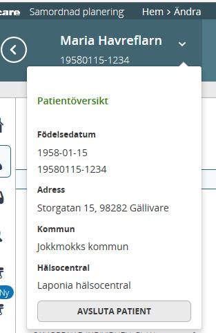 När man har aktuell patient framme i Lifecare kan man klicka på Visa detaljer : Där man också kan avsluta patient, dvs byta till en annan patient.