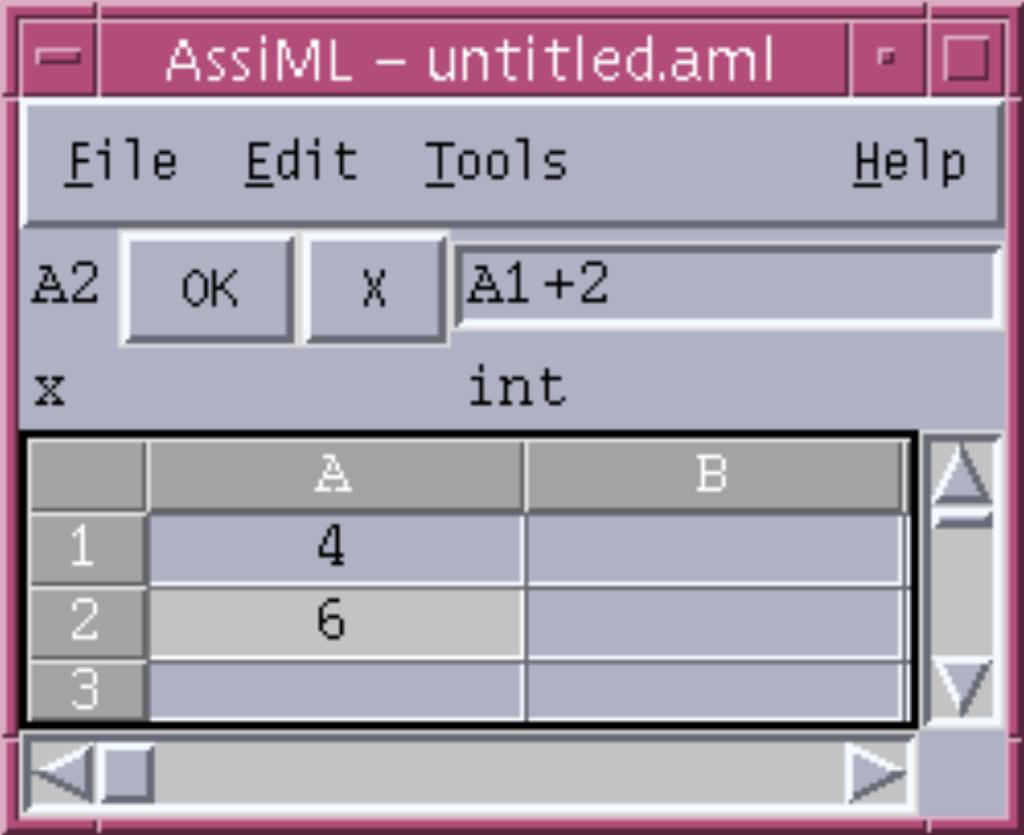 2. Principer Ett AssiML-fönster innehåller ett antal celler ordnade i ett rutnät. Kolumnerna i rutnätet har bokstavsbeteckningar och raderna nummerbeteckningar.