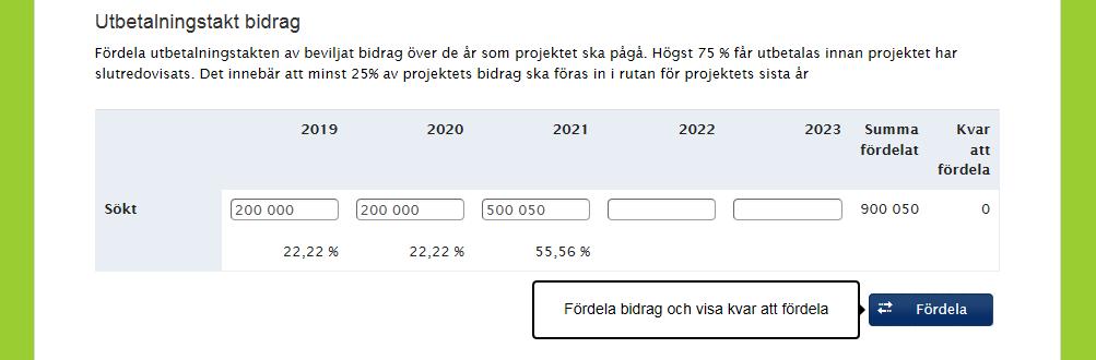 Fördela sökt bidrag på önskat utbetalningsår under