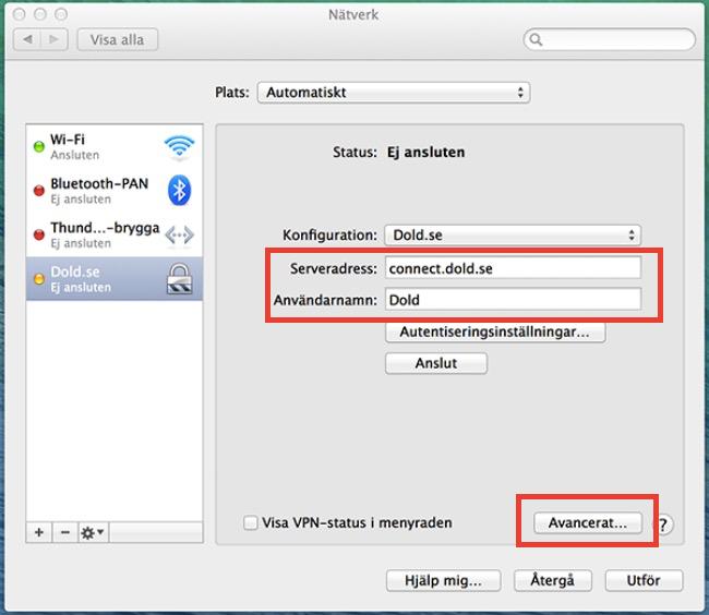 (1) DITT ANVÄNDARNAMN (2) Steg 3: Ange connect.dold.se som Serveradress (1). Ange ditt Dold.