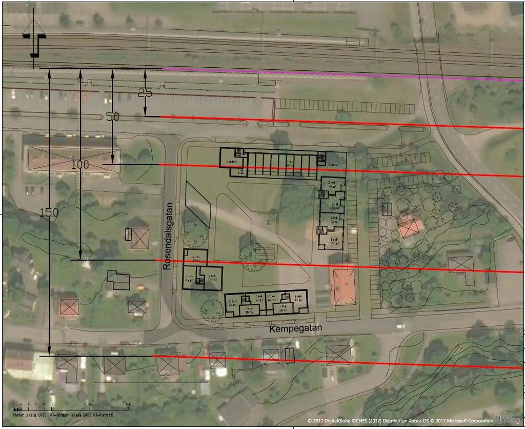 KVANTITATIV RISKUTREDNING MED AVSEENDE PÅ FARLIGT GODS FÖR JOHANNEDAL, VÅRGÅRDA 11 I Figur 5 och 6 nedan redovisas planerad respektive befintlig bebyggelses avstånd från Västra Stambanan baserat på