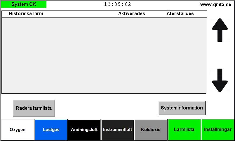 Om man vill se alla historiska larm. Beroende på vilken status det är på larmen i listan är texten i olika färger. Larmlistan med alla aktiva larm.