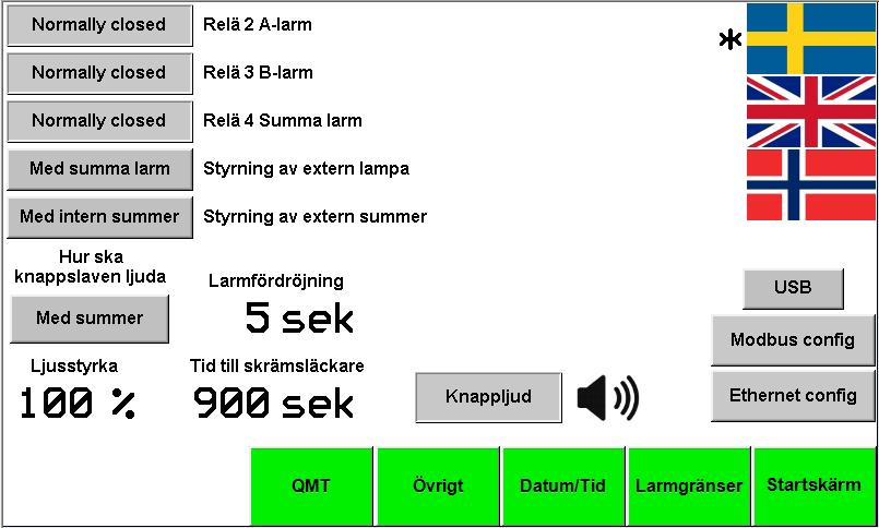 Inställning övrigt 0 9 8 7 6 Val av språk, Svenska, Engelska, Norkska. USB funktion inget som används. Inställning av kommunikations inställning Modbus RS8.