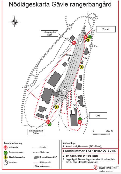 E22 UNDERLAG TILL LINJEBOK TRAFIKVERKET Gävle godsbangård forts från föregående sida Vid ett nödläge på Gävle rangerbangård kommer ett tyfonlarm att ljuda och följas av ett högtalarutrop om vad som