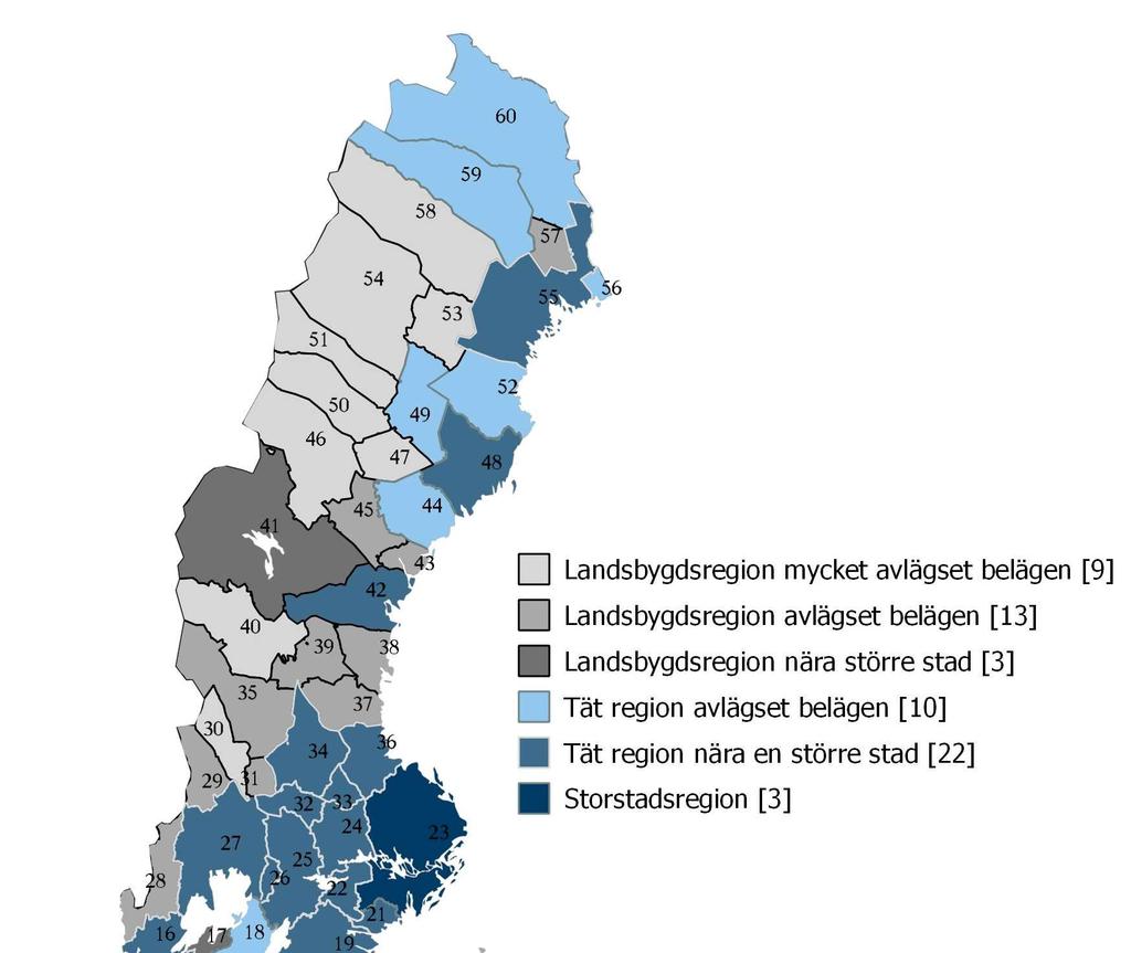 Sveriges indelning i stad och land Tillväxtverket använder en regiontypsindelning av kommuner och FA-regioner som har tagits fram för att underlätta jämförbarheten mellan olika undersökningar och