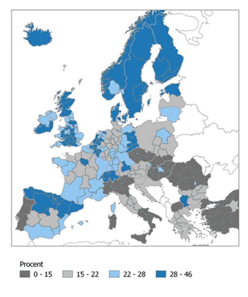 Figur 39 Andel högutbildade av befolkningen 25 64 år i procent, 2007 2016, EU-länder