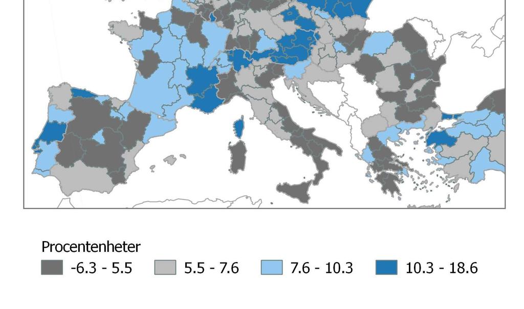 befolkningen 25 64 år i procent europeiska regioner (NUTS 2), 2006 2016 Källa: samtliga