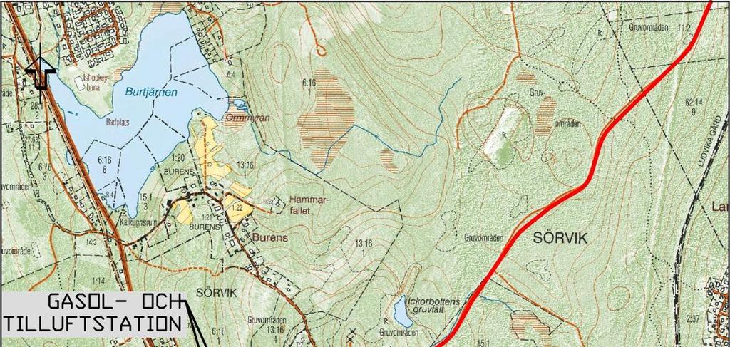 Figur 3. Planerade verksamheter inom planområdet. Vägalternativ för tillfälliga transporter samt transporter av gråberg redovisat med röd linje på kartan leder till Håksberg.